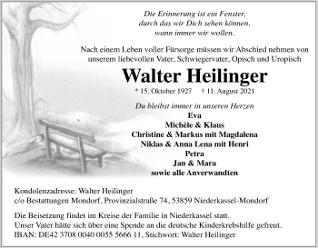 Anzeige von Walter Heilinger von Kölner Stadt-Anzeiger / Kölnische Rundschau / Express