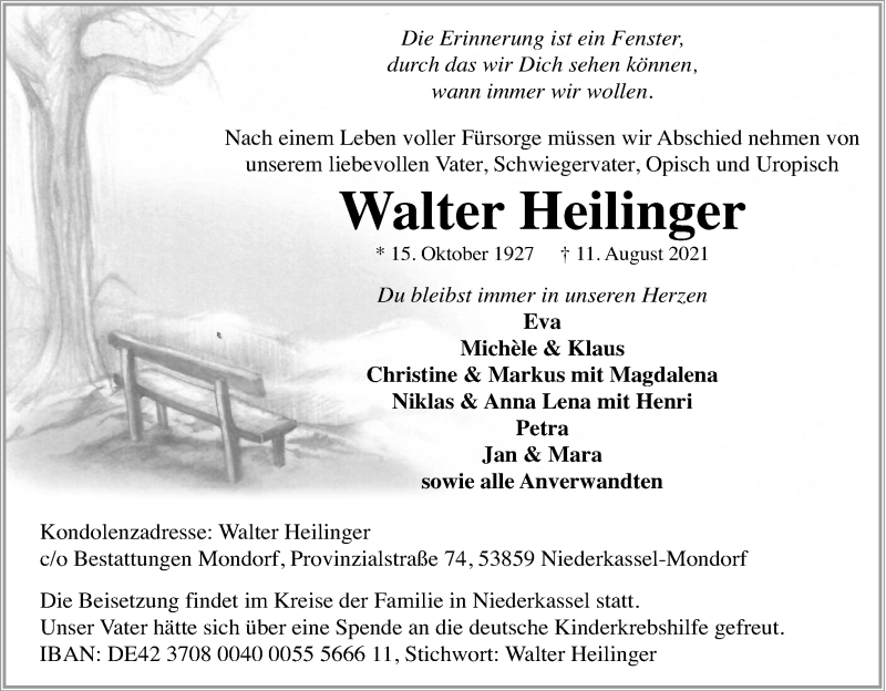 Traueranzeige für Walter Heilinger vom 21.08.2021 aus Kölner Stadt-Anzeiger / Kölnische Rundschau / Express