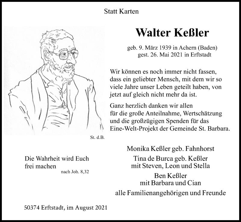  Traueranzeige für Walter Keßler vom 07.08.2021 aus Kölner Stadt-Anzeiger / Kölnische Rundschau / Express