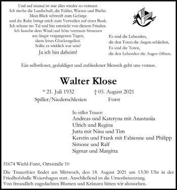 Anzeige von Walter Klose von  Anzeigen Echo 