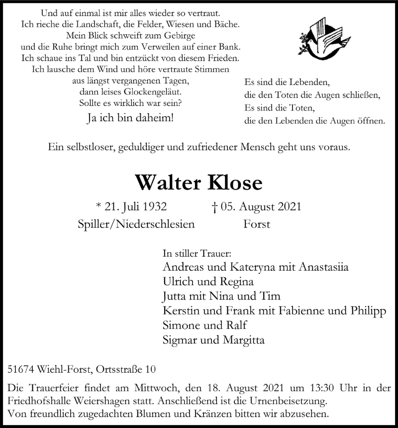  Traueranzeige für Walter Klose vom 13.08.2021 aus  Anzeigen Echo 