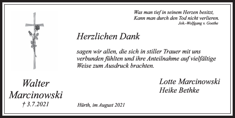  Traueranzeige für Walter Marcinowski vom 13.08.2021 aus  Wochenende 