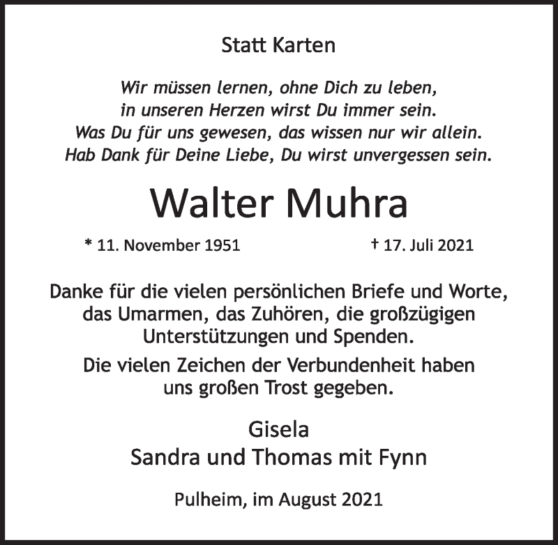  Traueranzeige für Walter Muhra vom 27.08.2021 aus  Wochenende 