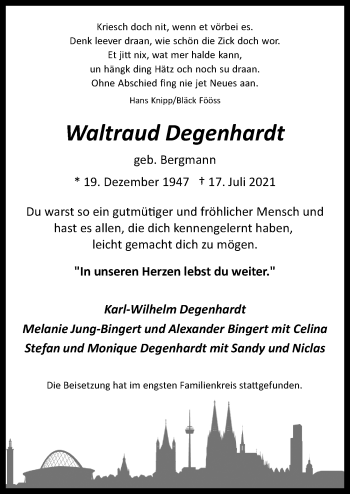 Anzeige von Waltraud Degenhardt von  Kölner Wochenspiegel 