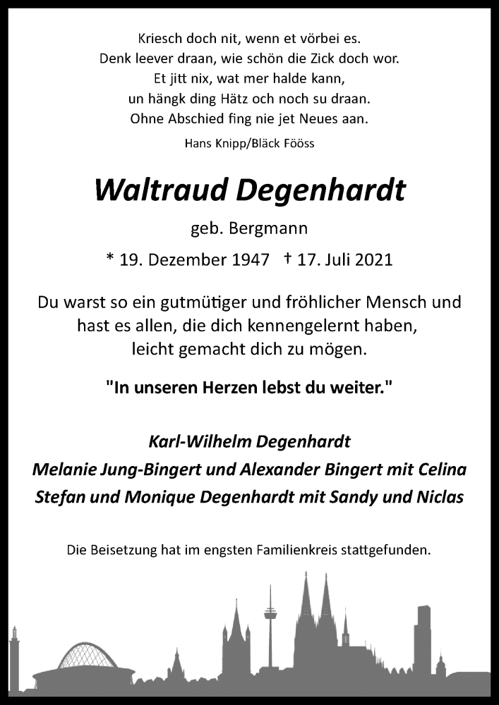  Traueranzeige für Waltraud Degenhardt vom 20.08.2021 aus  Kölner Wochenspiegel 