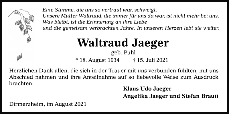  Traueranzeige für Waltraud Jaeger vom 14.08.2021 aus Kölner Stadt-Anzeiger / Kölnische Rundschau / Express