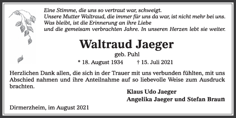  Traueranzeige für Waltraud Jaeger vom 13.08.2021 aus  Werbepost 