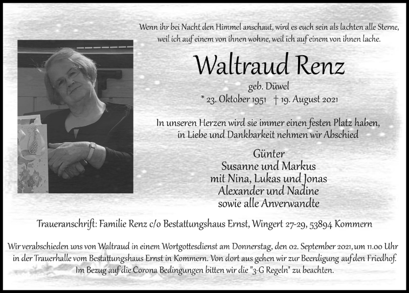  Traueranzeige für Waltraud Renz vom 28.08.2021 aus  Blickpunkt Euskirchen 