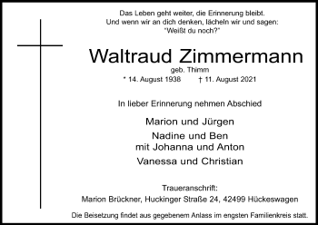 Anzeige von Waltraud Zimmermann von Kölner Stadt-Anzeiger / Kölnische Rundschau / Express