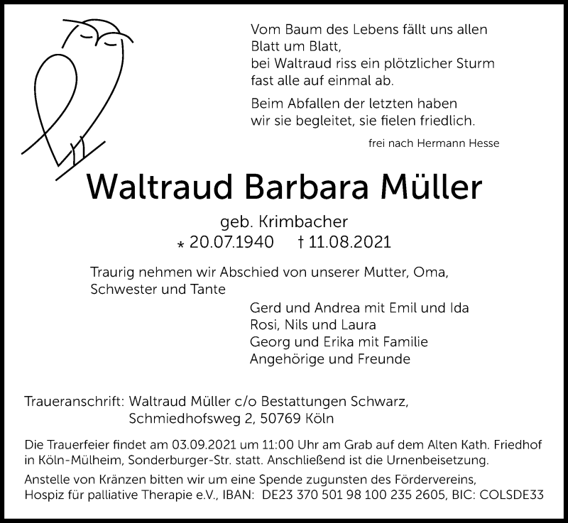  Traueranzeige für Waltraud Barbara Müller vom 21.08.2021 aus Kölner Stadt-Anzeiger / Kölnische Rundschau / Express