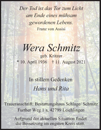 Anzeige von Wera Schmitz von Kölner Stadt-Anzeiger / Kölnische Rundschau / Express