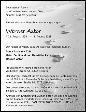 Anzeige von Werner Astor von Kölner Stadt-Anzeiger / Kölnische Rundschau / Express