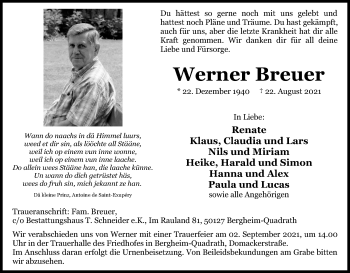 Anzeige von Werner Breuer von Kölner Stadt-Anzeiger / Kölnische Rundschau / Express