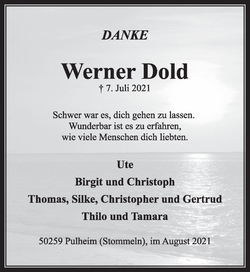  Traueranzeige für Werner Dold vom 27.08.2021 aus  Wochenende 