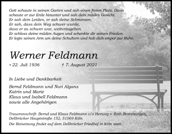 Anzeige von Werner Feldmann von Kölner Stadt-Anzeiger / Kölnische Rundschau / Express
