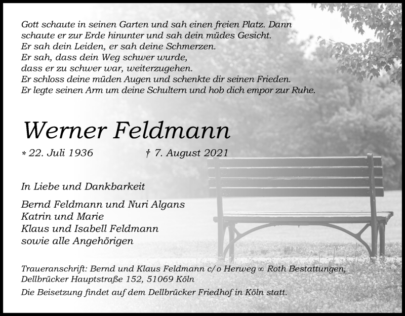  Traueranzeige für Werner Feldmann vom 14.08.2021 aus Kölner Stadt-Anzeiger / Kölnische Rundschau / Express