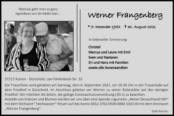 Anzeige von Werner Frangenberg von Kölner Stadt-Anzeiger / Kölnische Rundschau / Express