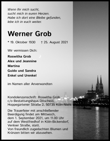 Anzeige von Werner Grob von Kölner Stadt-Anzeiger / Kölnische Rundschau / Express