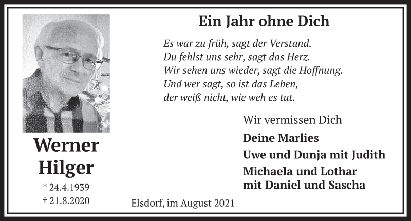  Traueranzeige für Werner Hilger vom 20.08.2021 aus  Werbepost 