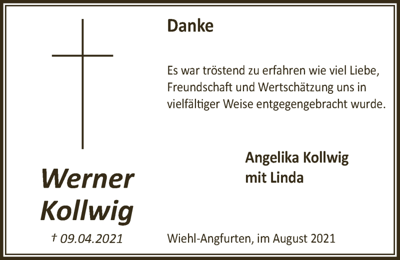  Traueranzeige für Werner Kollwig vom 06.08.2021 aus  Anzeigen Echo 