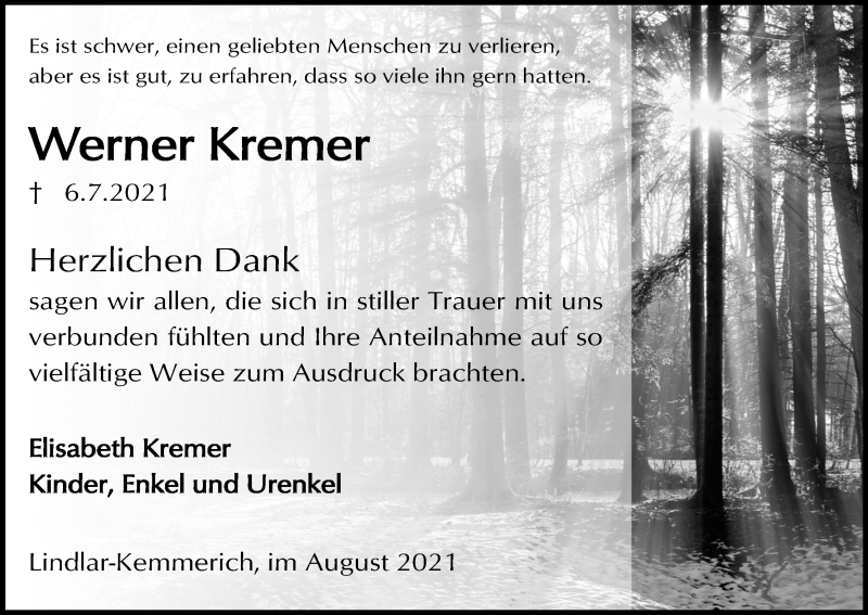  Traueranzeige für Werner Kremer vom 28.08.2021 aus Kölner Stadt-Anzeiger / Kölnische Rundschau / Express