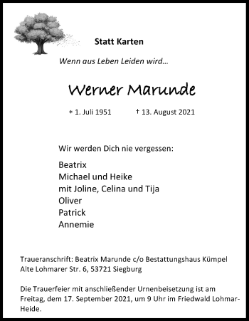 Anzeige von Werner Marunde von Kölner Stadt-Anzeiger / Kölnische Rundschau / Express