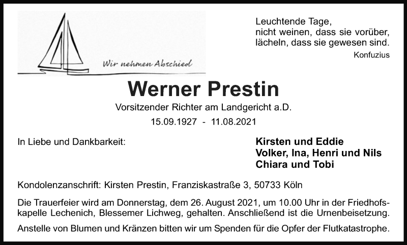  Traueranzeige für Werner Prestin vom 21.08.2021 aus Kölner Stadt-Anzeiger / Kölnische Rundschau / Express