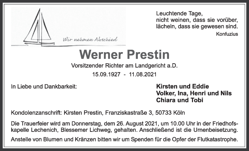  Traueranzeige für Werner Prestin vom 20.08.2021 aus  Werbepost 