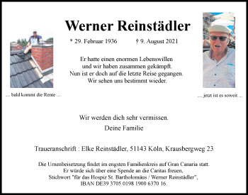 Anzeige von Werner Reinstädler von  Kölner Wochenspiegel 