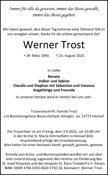 Anzeige von Werner Trost von Kölner Stadt-Anzeiger / Kölnische Rundschau / Express