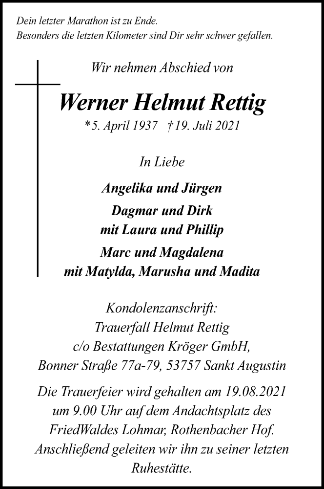  Traueranzeige für Werner Helmut Rettig vom 07.08.2021 aus Kölner Stadt-Anzeiger / Kölnische Rundschau / Express