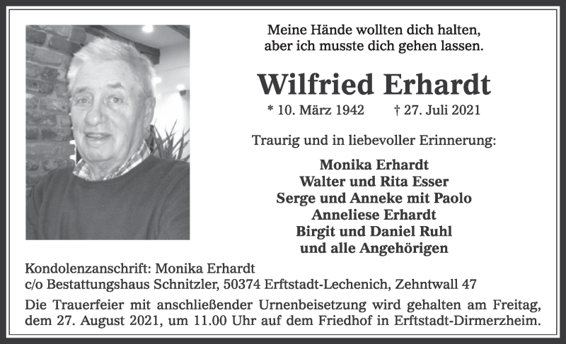  Traueranzeige für Wilfried Erhardt vom 20.08.2021 aus  Werbepost 