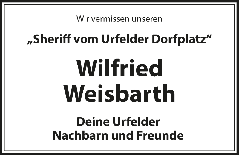 Traueranzeige für Wilfried Weisbarth vom 27.08.2021 aus  Schlossbote/Werbekurier 