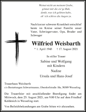 Anzeige von Wilfried Weisbarth von  Schlossbote/Werbekurier 
