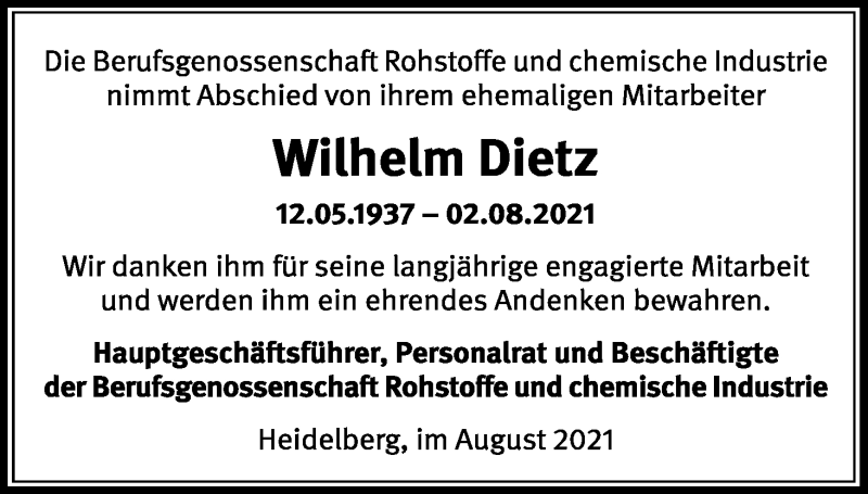  Traueranzeige für Wilhelm Dietz vom 14.08.2021 aus Kölner Stadt-Anzeiger / Kölnische Rundschau / Express