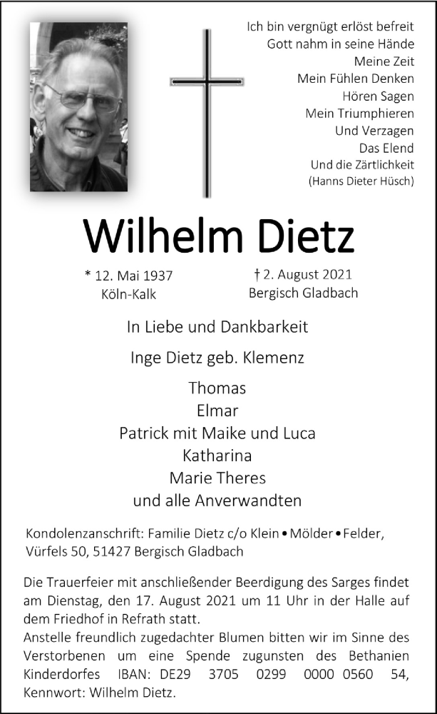  Traueranzeige für Wilhelm Dietz vom 13.08.2021 aus  Bergisches Handelsblatt 