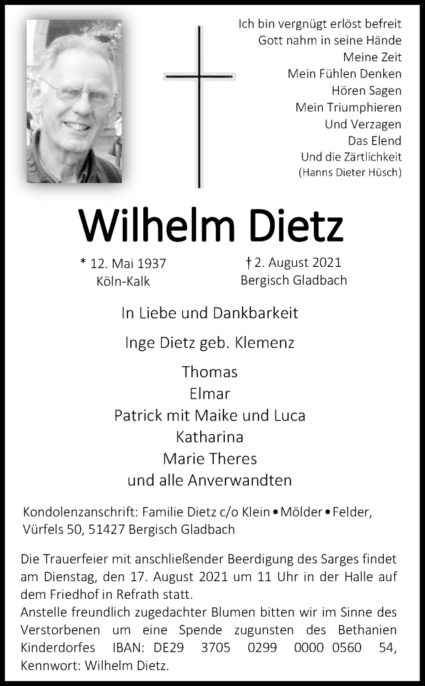  Traueranzeige für Wilhelm Dietz vom 14.08.2021 aus Kölner Stadt-Anzeiger / Kölnische Rundschau / Express