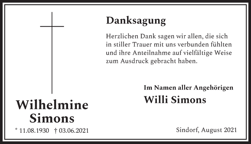  Traueranzeige für Wilhelmine Simons vom 13.08.2021 aus  Werbepost 