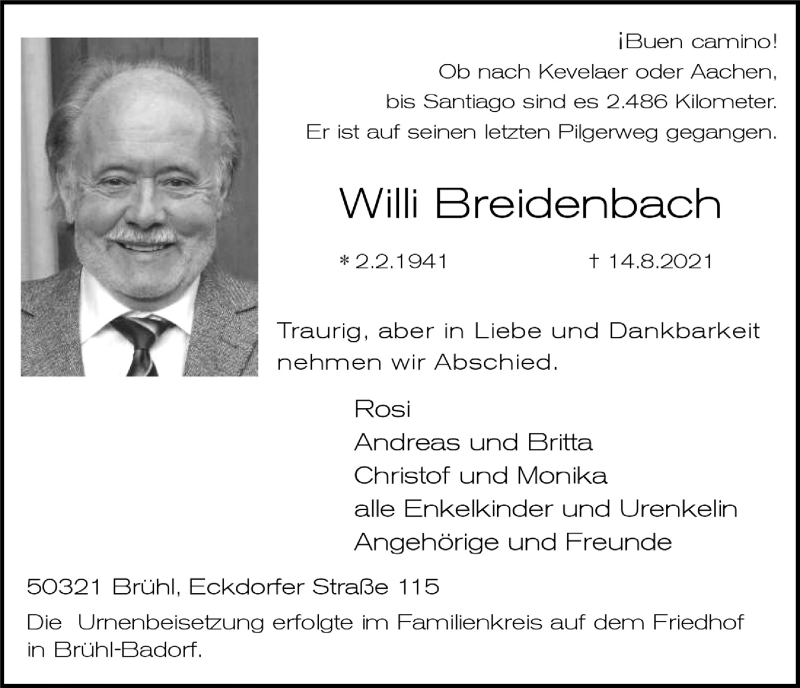  Traueranzeige für Willi Breidenbach vom 27.08.2021 aus  Schlossbote/Werbekurier 