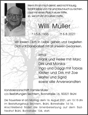 Anzeige von Willi Müller von  Schlossbote/Werbekurier 