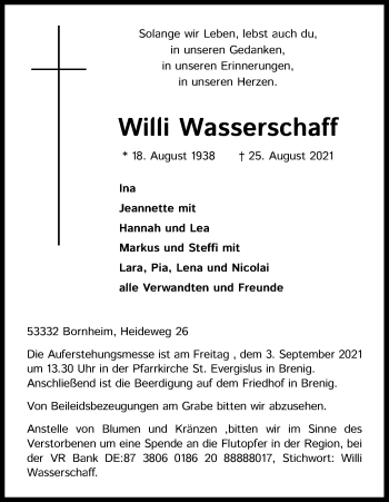 Anzeige von Willi Wasserschaff von Kölner Stadt-Anzeiger / Kölnische Rundschau / Express