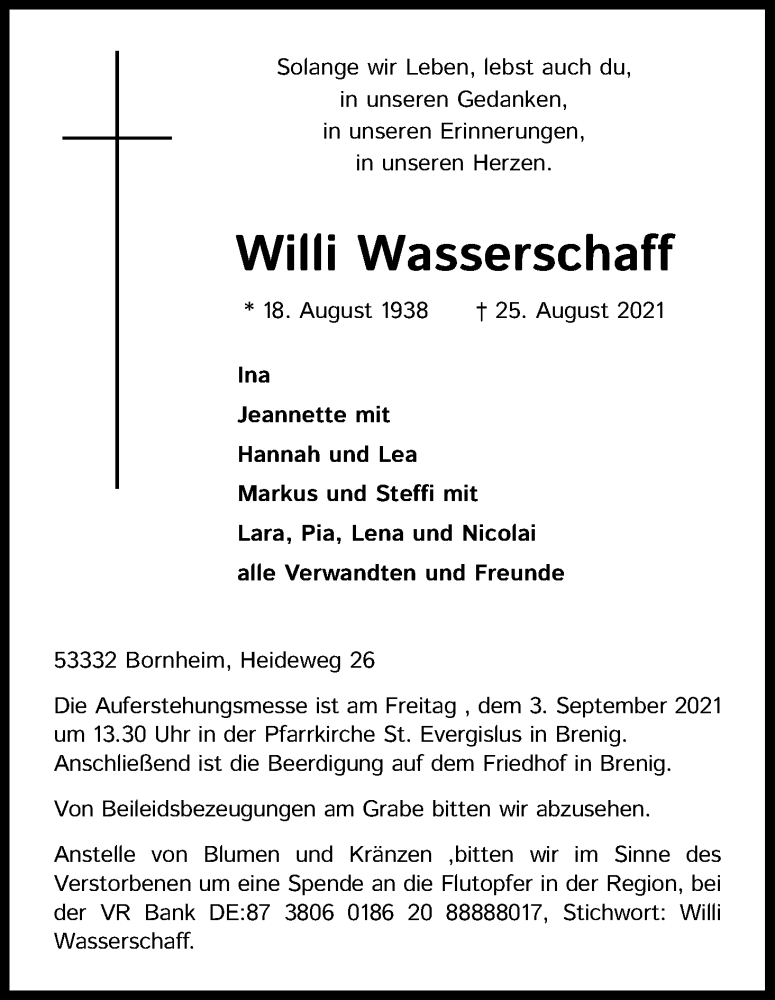  Traueranzeige für Willi Wasserschaff vom 28.08.2021 aus Kölner Stadt-Anzeiger / Kölnische Rundschau / Express