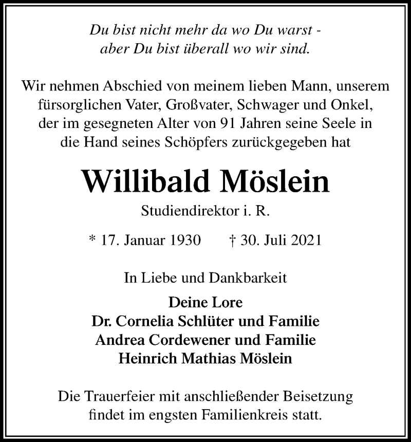  Traueranzeige für Willibald Möslein vom 14.08.2021 aus Kölner Stadt-Anzeiger / Kölnische Rundschau / Express