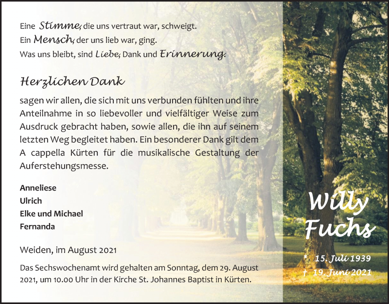  Traueranzeige für Willy Fuchs vom 21.08.2021 aus Kölner Stadt-Anzeiger / Kölnische Rundschau / Express