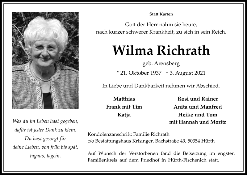  Traueranzeige für Wilma Richrath vom 07.08.2021 aus Kölner Stadt-Anzeiger / Kölnische Rundschau / Express