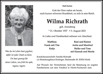 Anzeige von Wilma Richrath von  Wochenende 