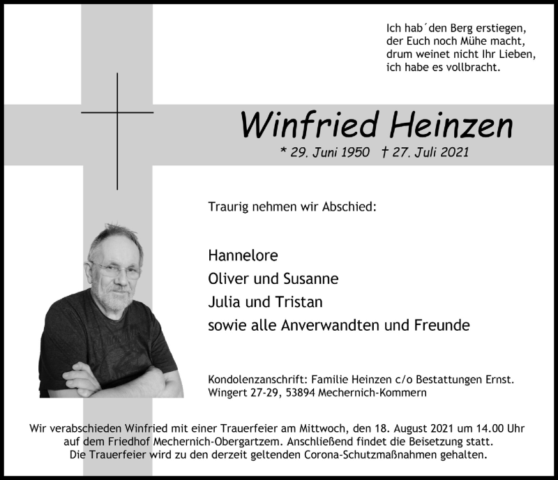  Traueranzeige für Winfried Heinzen vom 14.08.2021 aus  Blickpunkt Euskirchen 