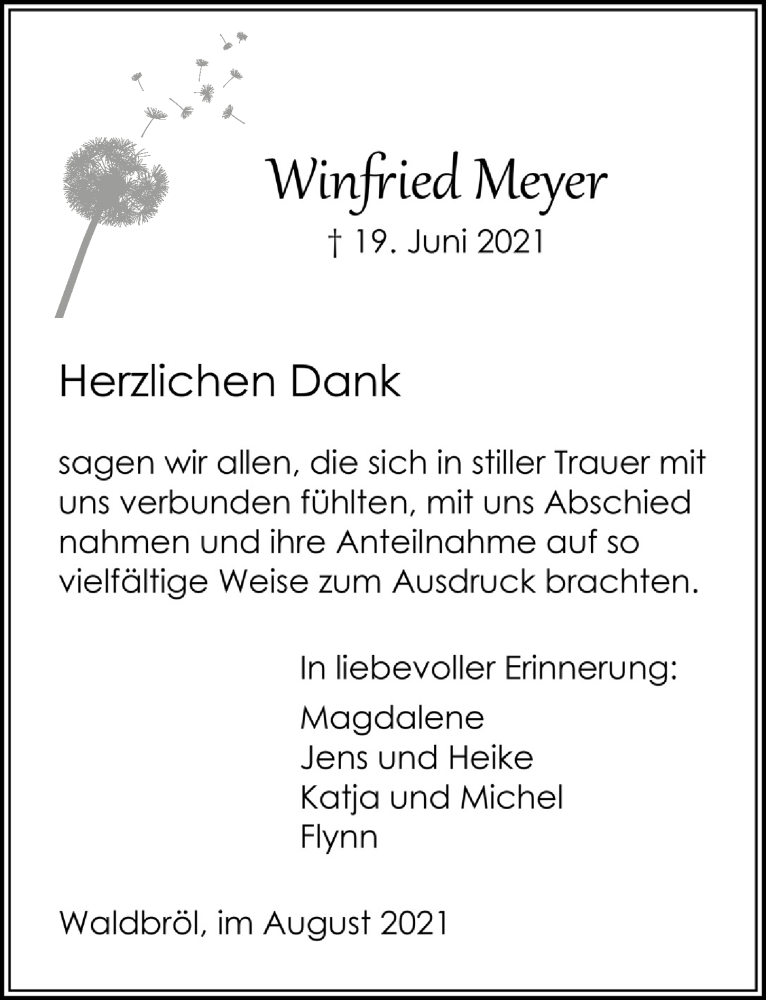  Traueranzeige für Winfried Meyer vom 06.08.2021 aus  Lokalanzeiger 