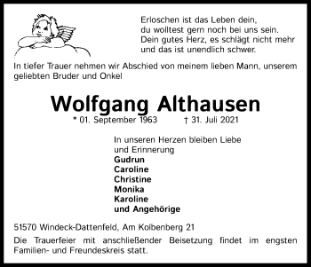Anzeige von Wolfgang Althausen von Kölner Stadt-Anzeiger / Kölnische Rundschau / Express