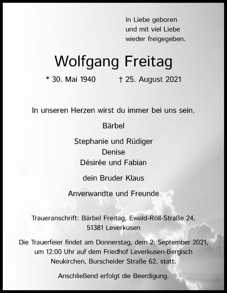  Traueranzeige für Wolfgang Freitag vom 31.08.2021 aus Kölner Stadt-Anzeiger / Kölnische Rundschau / Express